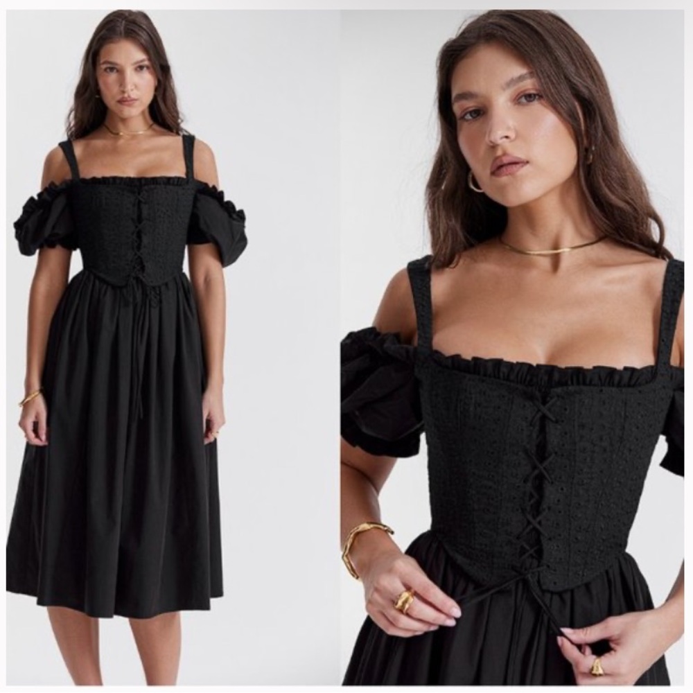 House of CB Silvana Black Puff Sleeve Midi Dress Sz Small (No Detachable Corset)